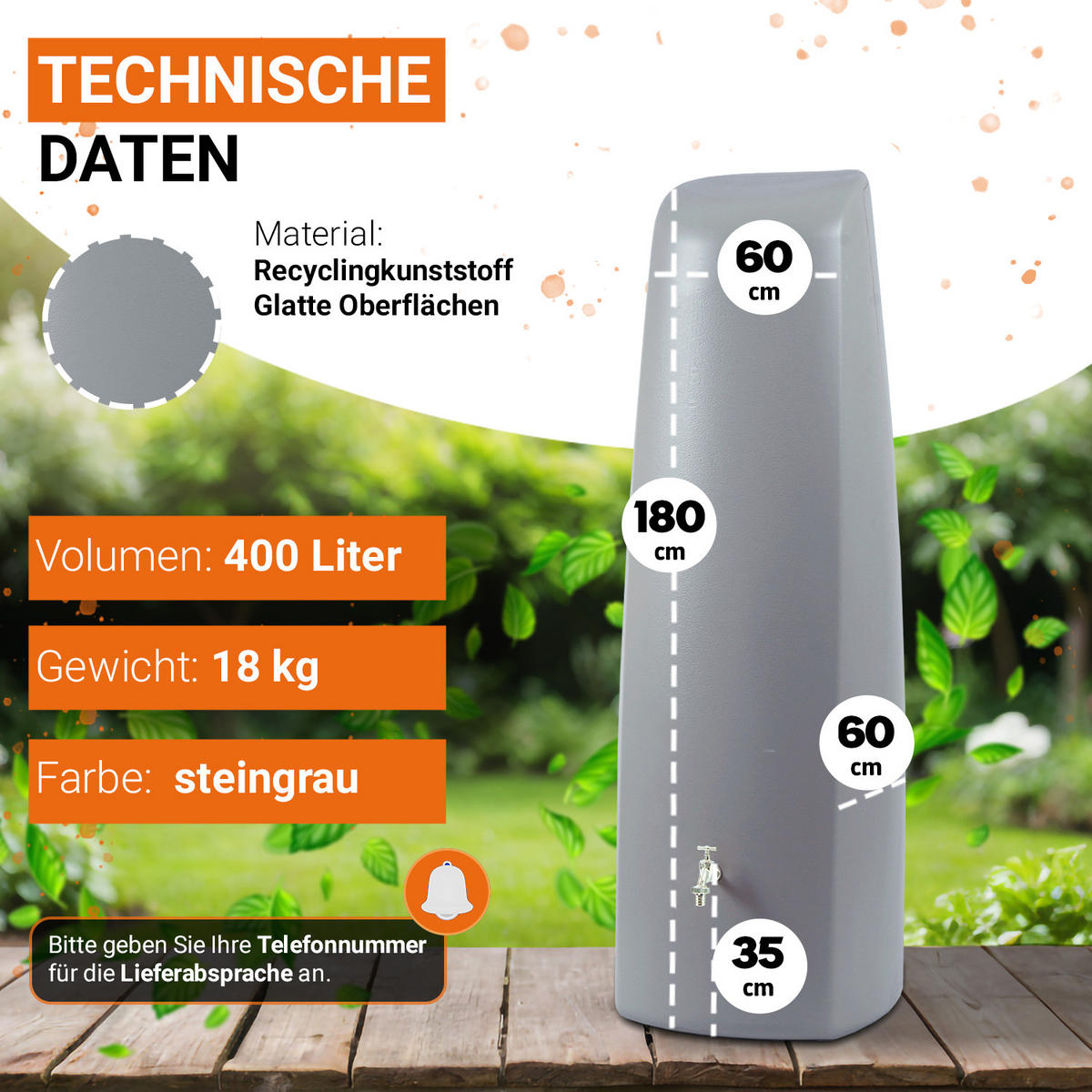 WANDTANK 400 L, steingrau - Grau, Kunststoff (60/180/60cm) - GARANTIA