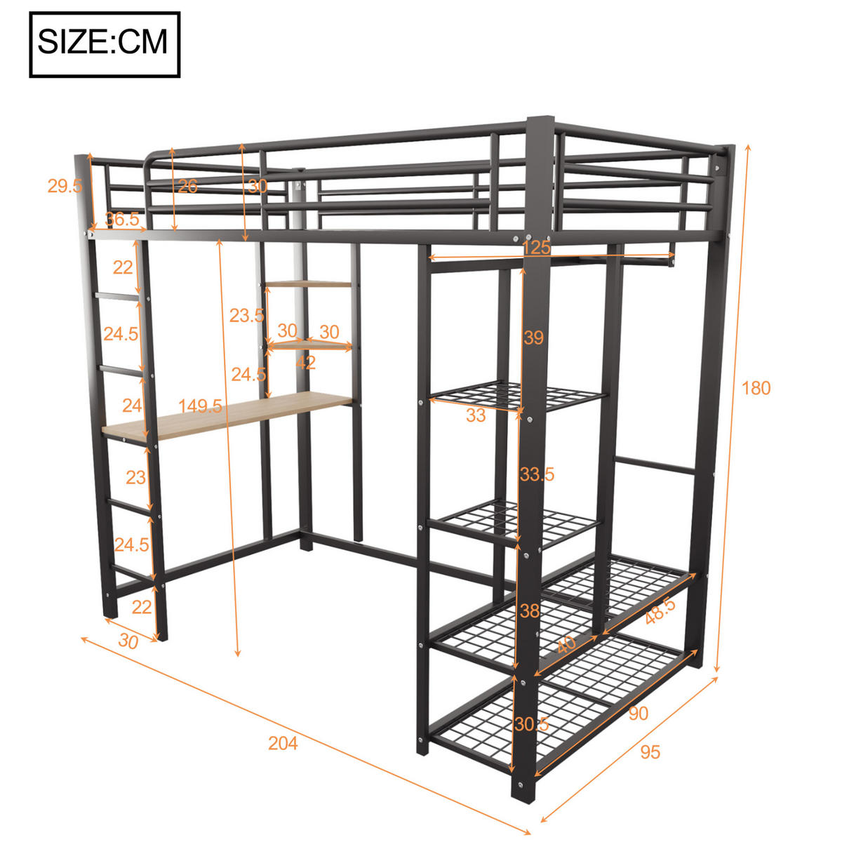 HOCHBETT 90/200 cm Schwarz aus MDF und Metall mit Schreibtisch - Schwarz, Metall (90/200cm) - OKMYHOME