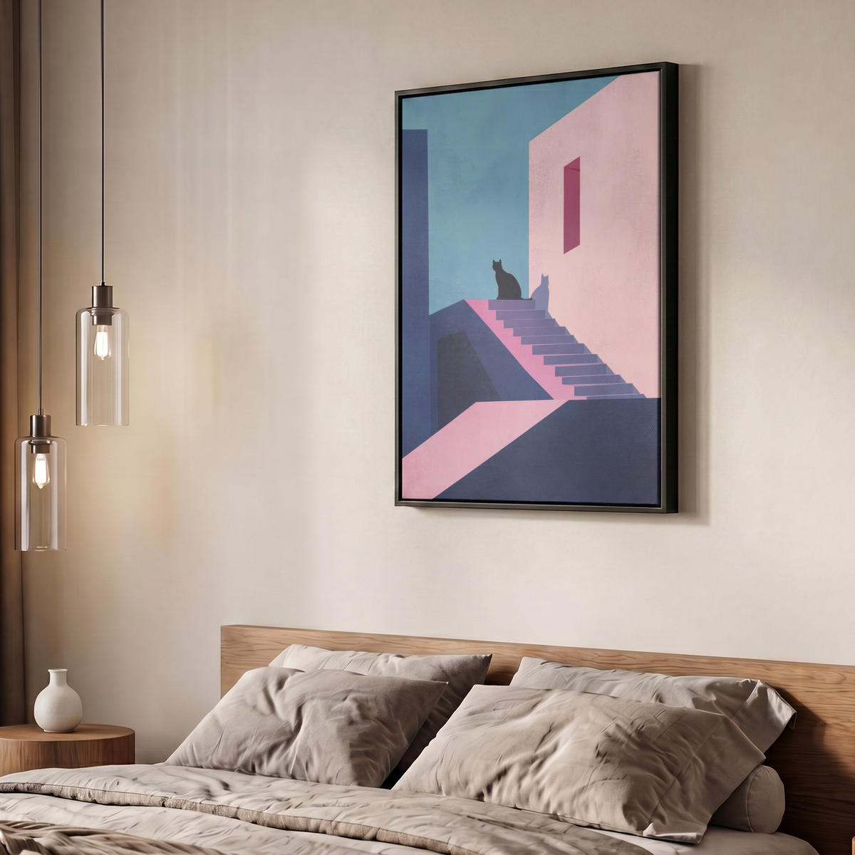 LEINWAND Bilder mit Rahmen - Katze - Treppe - Gebäude - Schattenkontraste - 50x70 - Dunkelblau, Textil (50/70cm) - MuchoWow