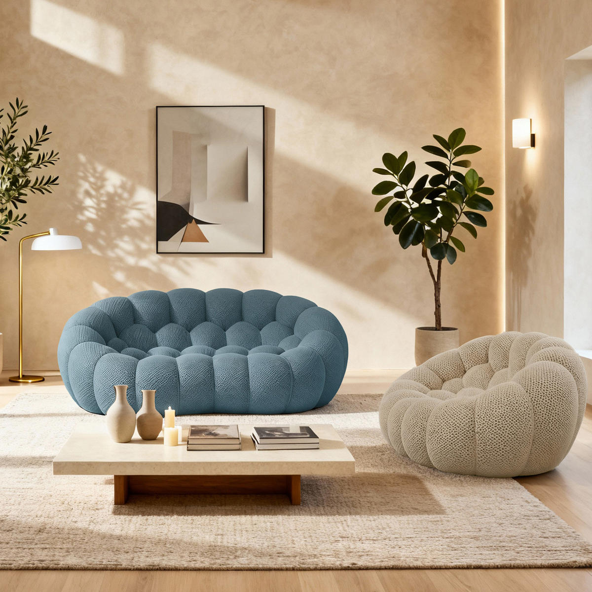 SITZGARNITUR Cocoon Sofa und Sessel Blau und Sand - Sandfarben/Blau, Textil (190/75/113cm) - COCO Living