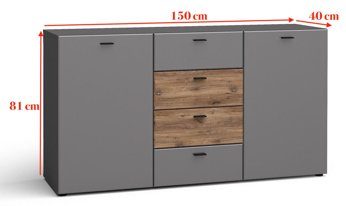 KOMMODE Oviedo graphit matt / Flagstaff Eiche 150 / 40 / 81cm - Graphitfarben/Braun, Holz/Holzwerkstoff (150/81/40cm) - Feldmann-Wohnen
