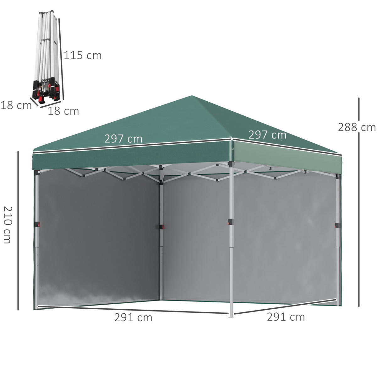 PAVILLON 297/297/288 cm höhenverstellbar, faltbar mit 2 Seitenwänden und UV30+ Schutz, Polyester, Grün - Grün, Kunststoff (297/288/297cm) - Redom