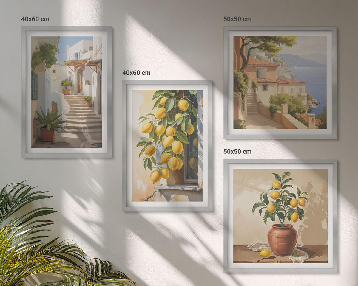 WANDBILDER 4er Set - 50x50 cm & 40x60 cm Silberner Rahmen - Lemon Streets Meerblick - Silberfarben, Kunststoff (50/50cm) - ArtPrintCave