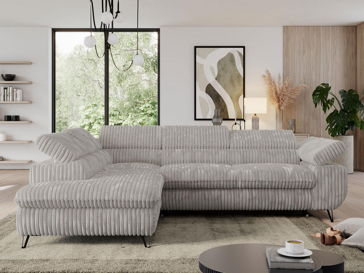 ECKSOFA PEDRO L Hellgrau Cord - Links Seite - Hellgrau/Schwarz, Textil/Metall (208/273cm) - MKS