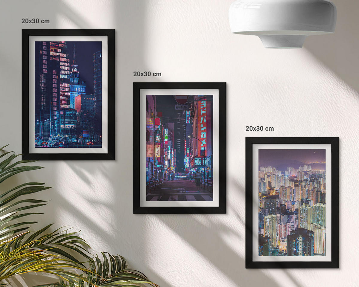 WANDBILDER 3er-Set - 20x30 cm Schwarzer Rahmen - Neonlichter der nächtlichen Stadt - Schwarz, Kunststoff (20/30cm) - ArtPrintCave