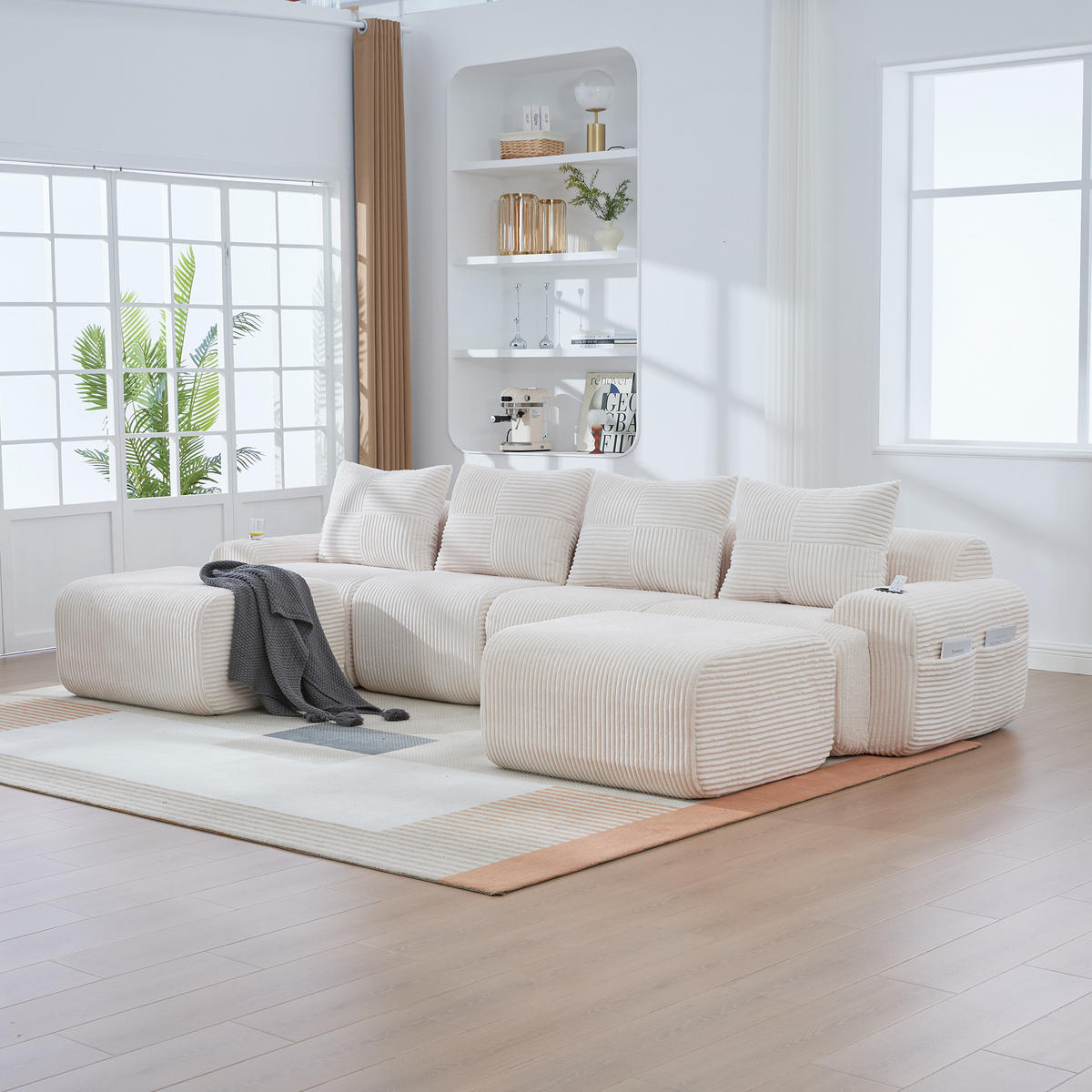 WOHNLANDSCHAFT 4-Sitzer Cord Beige mit Getränkehalter, Aufbewahrungstasche und mit Hocker - Beige, Textil (333/80/174cm) - WISHDOR