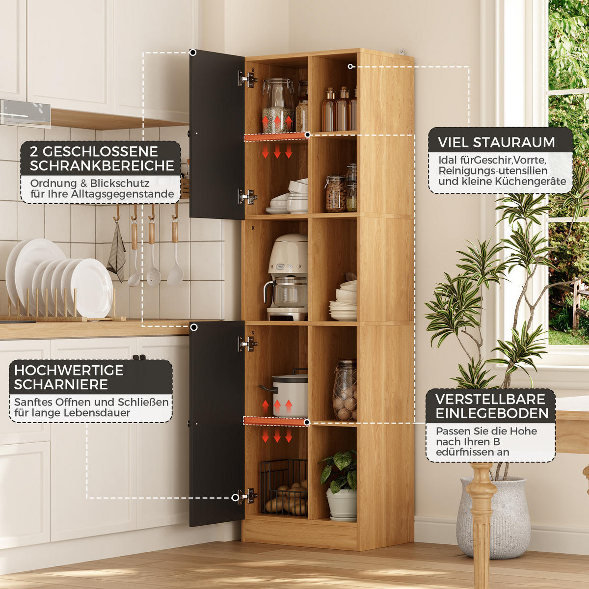 MEHRZWECKSCHRANK DE-38746 50/35,5/170 cm 6 offene Regale und 2 Türen Eiche - Naturfarben, Holzwerkstoff (50/170/35.5cm) - ComfortXL