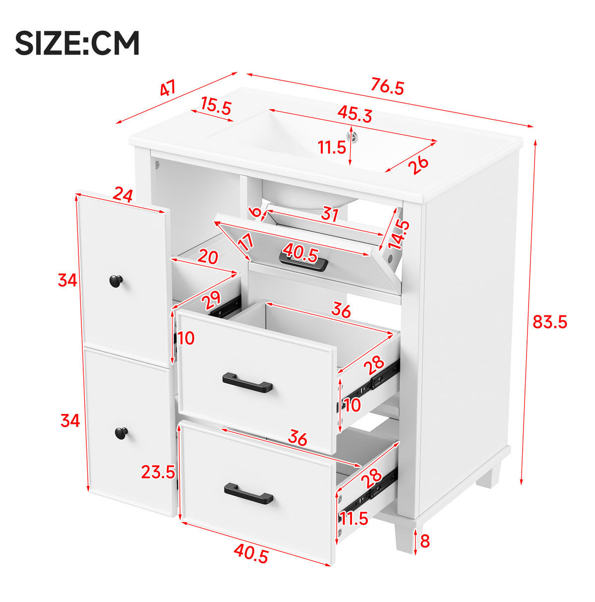 WASCHTISCH aus MDF und Keramik 76,5x47x83,5 cm Weiß mit 4 Schubladen und Klappschublade, integriertes Becken - Weiß, Keramik (76.5/83.5/47cm) - Modfu