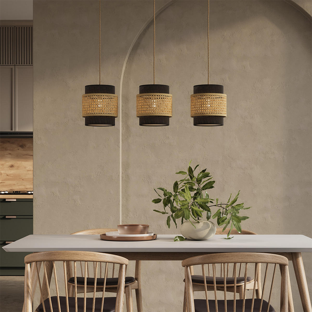 3ER PENDELLEUCHTE Morten Rattan/Schwarz 70 x 120 cm - Schwarz/Braun, Holz (70/70/120cm) - Vicco