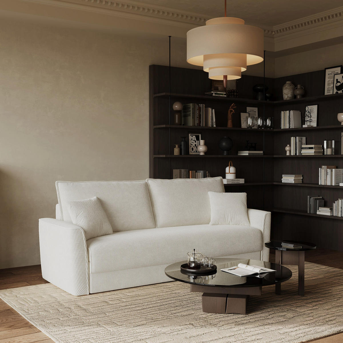 SCHLAFSOFA GERADE Gerippter Samt Creme 180cm - Creme, Textil (180/97/93.5cm) - Sia Home