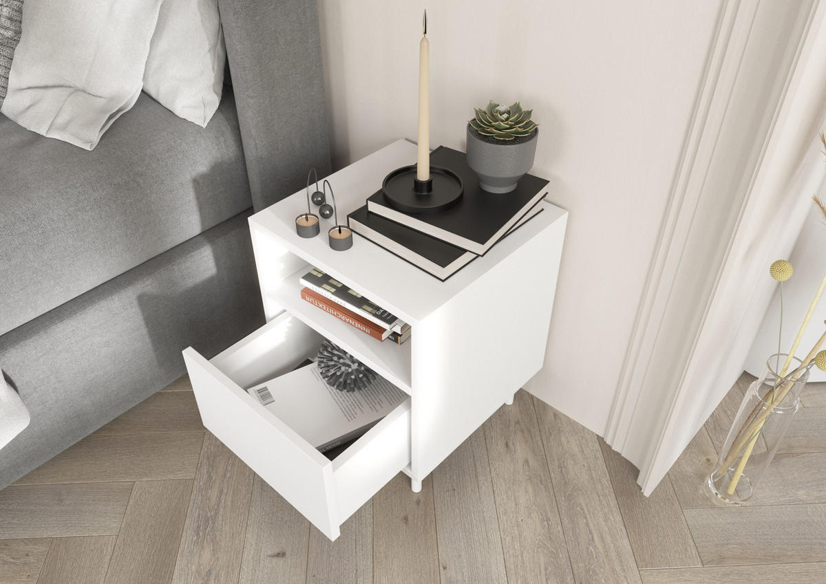 NACHTTISCH Mirka, Weiß, Push to Open System, Minimalistisch - Weiß, Holzwerkstoff/Metall (40/47/40cm) - Dancan