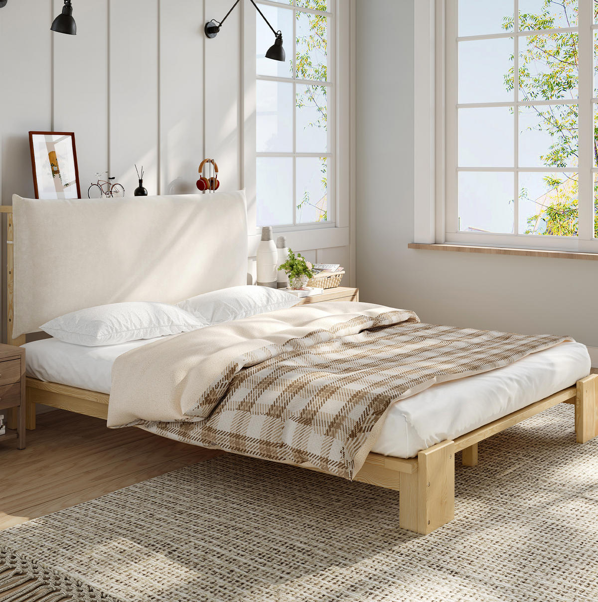 POLSTERBETT 140/200 cm mit gepolsterter Rückenlehne in Natur - Naturfarben, Textil (140/200cm) - BEAOK