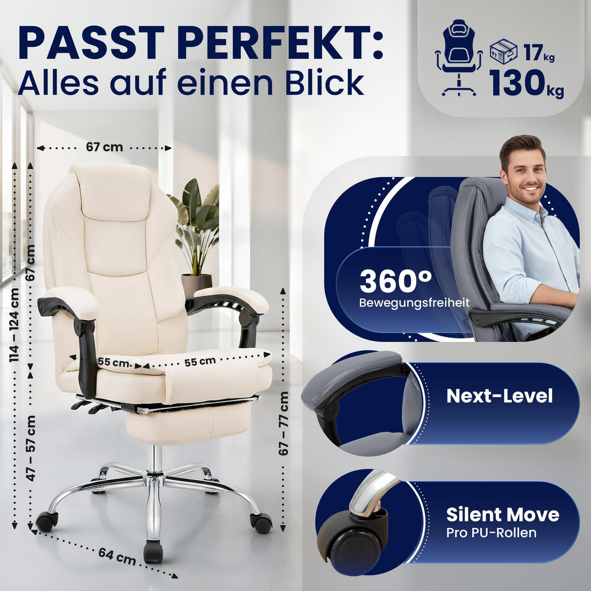 CHEFSESSEL Lederlook Creme - Creme/Grau, Kunststoff/Textil (65/109/73cm) - CLP