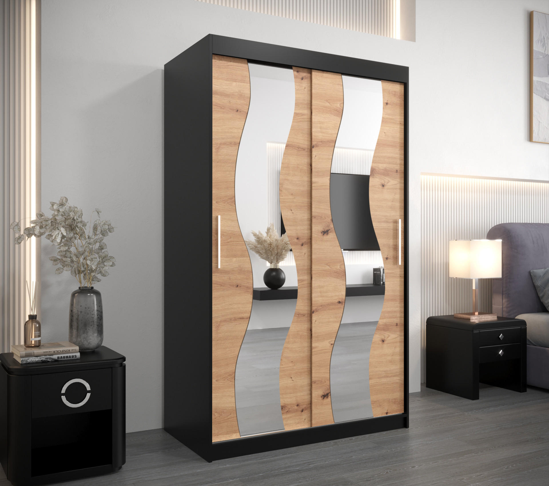 SCHWEBETÜRENSCHRANK 200/120/62 2-türig - Silberfarben/Schwarz, Holz/Kunststoff (120/200/62cm) - Abiks Möbel