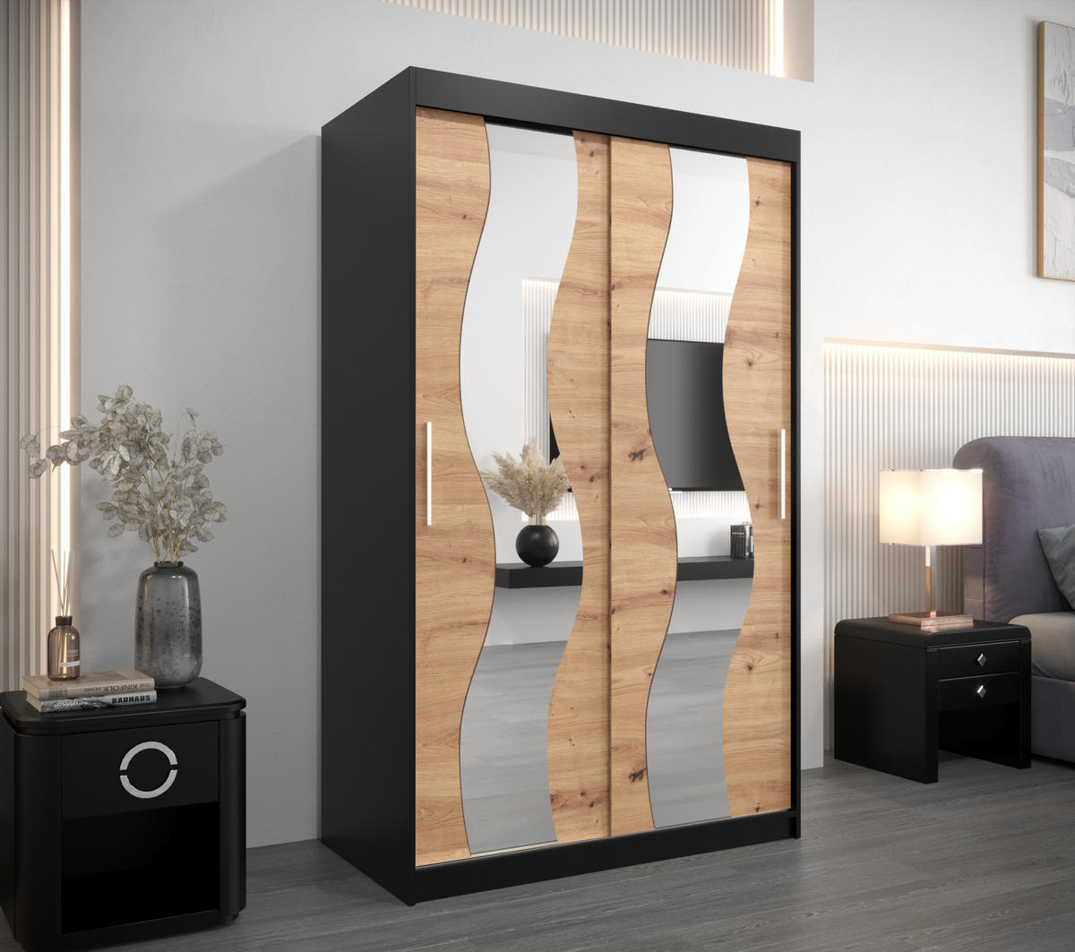SCHWEBETÜRENSCHRANK 200/120/62 2-türig - Silberfarben/Schwarz, Holz/Kunststoff (120/200/62cm) - Abiks Möbel