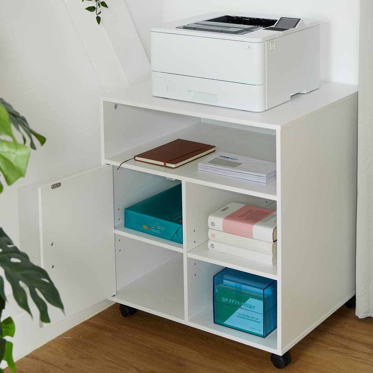 KONTEJNER biely strieborný na kolieskach 5 priehradiek - biela, kov/kompozitné drevo (60/66.5/50cm) - Relaxdays
