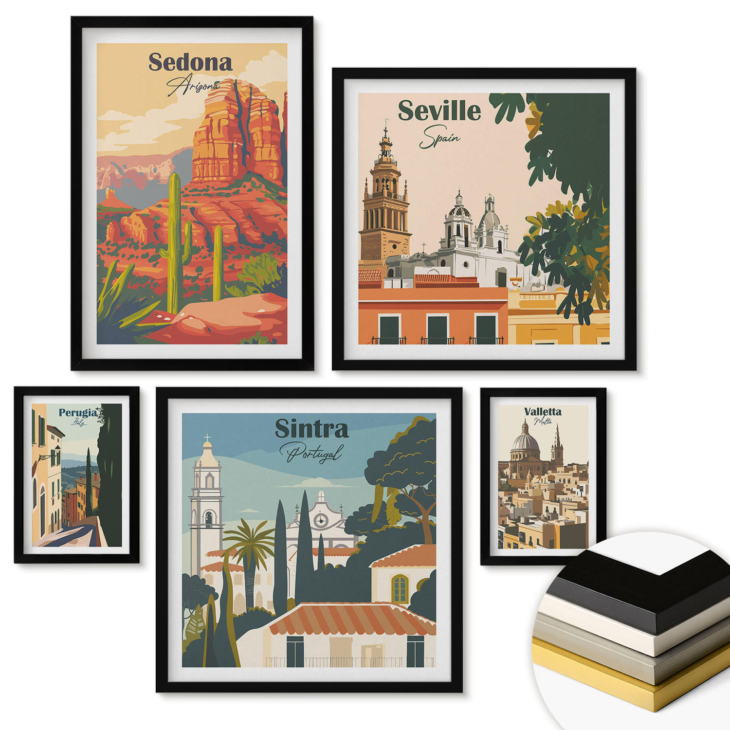 WANDBILDER 5er-Set - 50x50 cm & 20x30 cm & 40x60 cm Schwarzer Rahmen - Illustrationen von Küstenstädten - Schwarz, Kunststoff (40/60cm) - ArtPrintCave