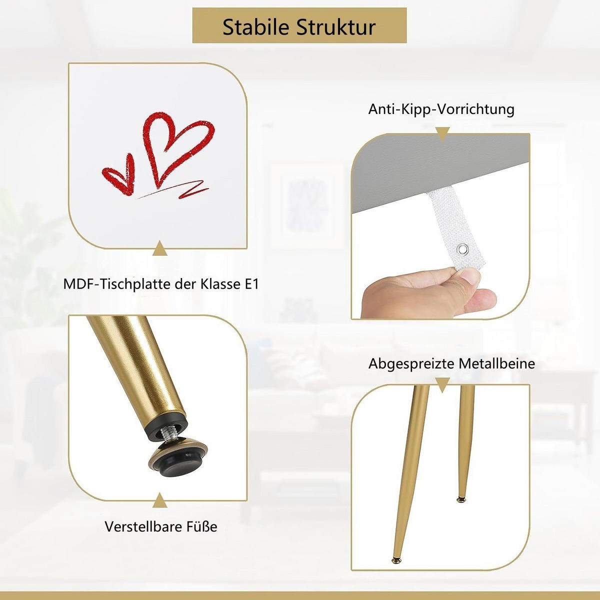 SCHMINKTISCH mit einstellbarer Spiegelleuchte Samthocker Goldbeine - Goldfarben/Grau, Holzwerkstoff/Metall (100/122/40cm) - Woltu