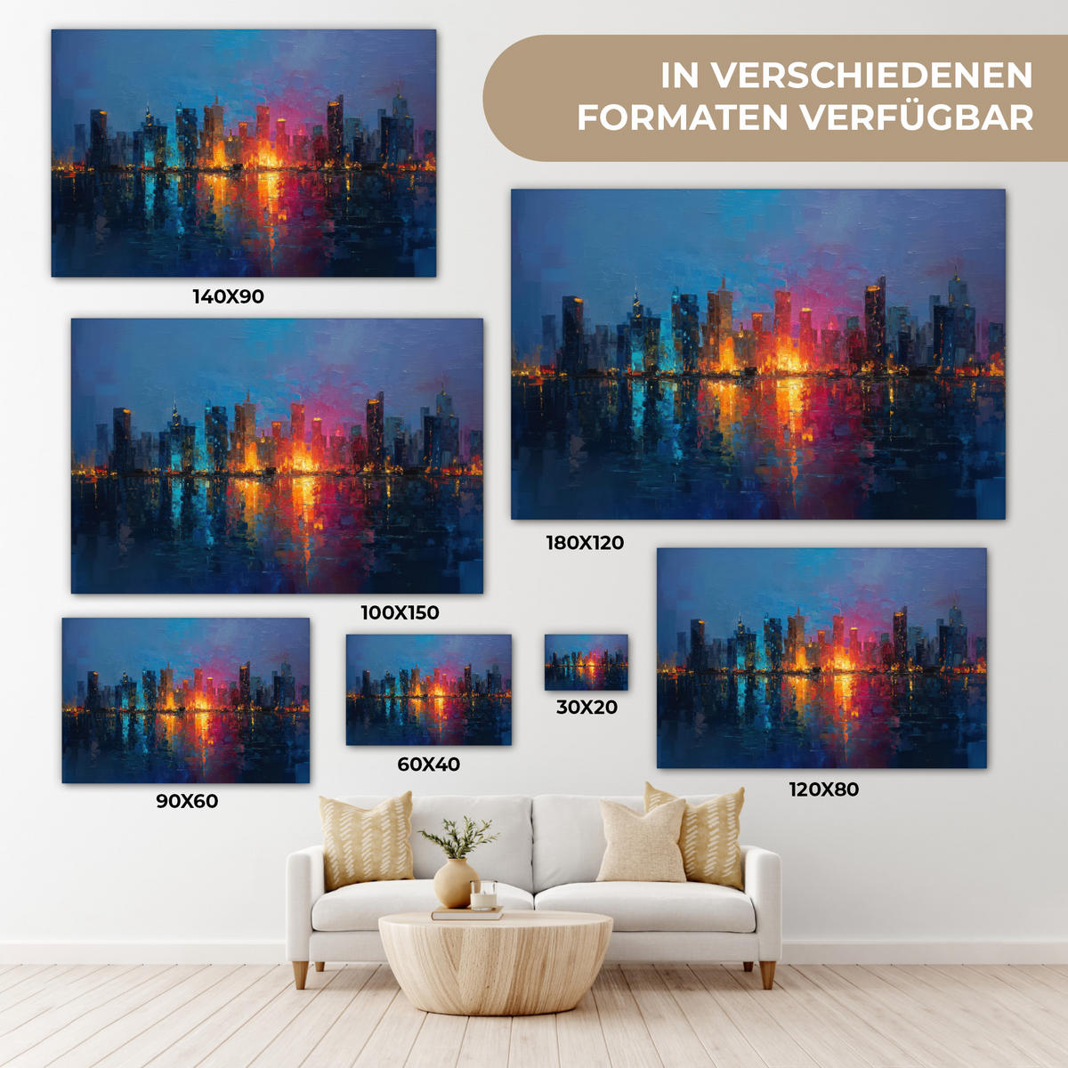 LEINWANDBILD Skyline - Pinselstriche - Dunkelblau - Leuchtend Groß 140x90 cm - Blau, Textil (140/90cm) - MuchoWow