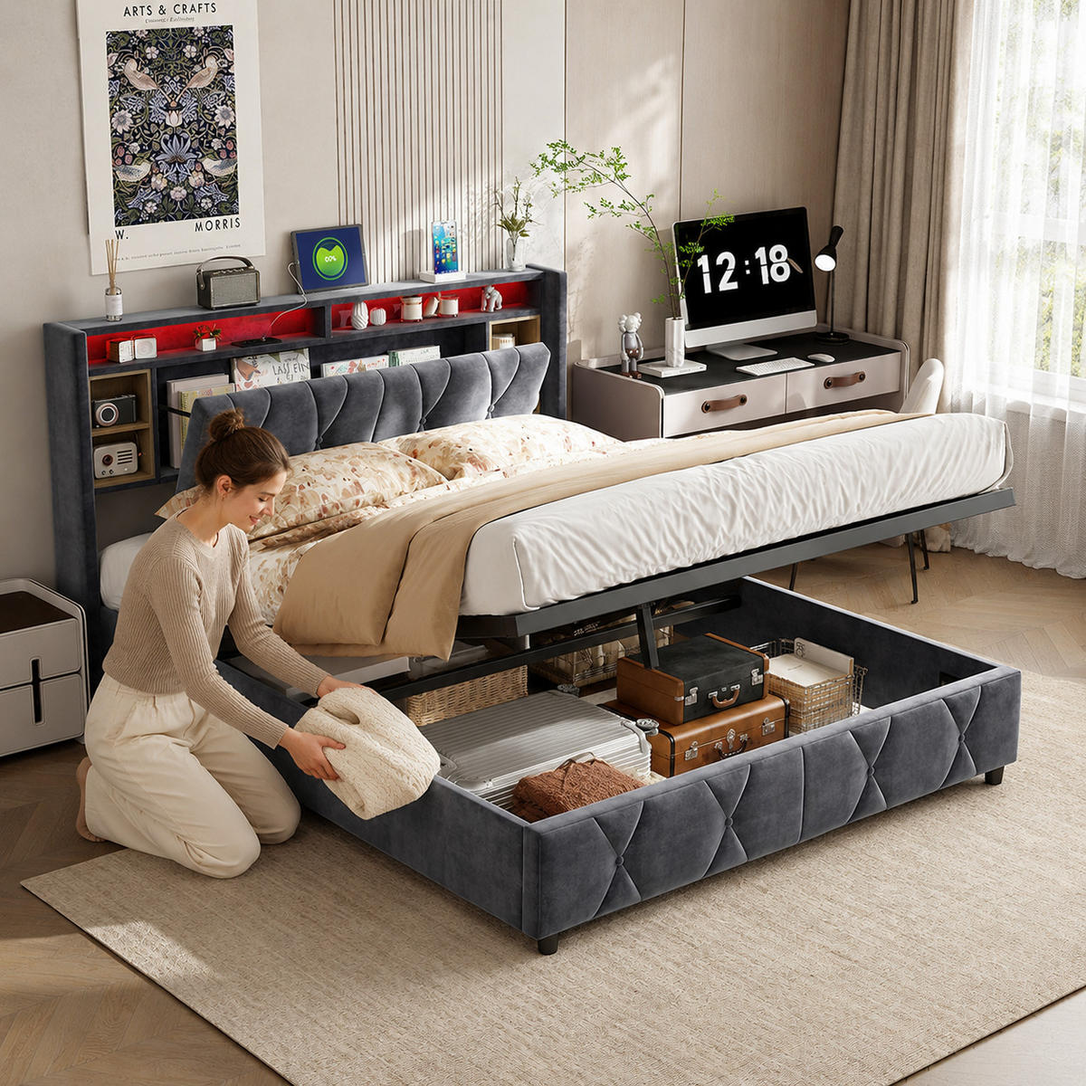 POLSTERBETT 140/200 cm mit Stauraum‑Kopfteil, LED‑Beleuchtung & USB‑Anschluss, Samtbett mit integrierter Ablage - Grau, Holz/Metall (140/200cm) - Joyfair