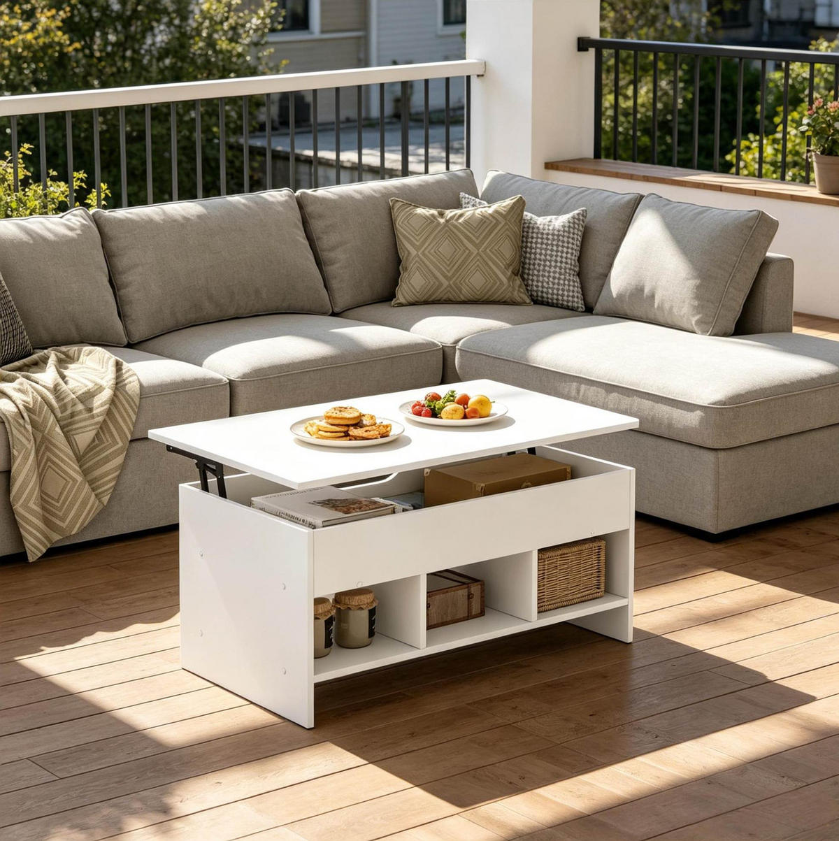 COUCHTISCH 96/45/51 cm in Weiß mit Liftfunktion und Stauraum - Weiß, Holzwerkstoff (96/51/60.5cm) - Flora Grace