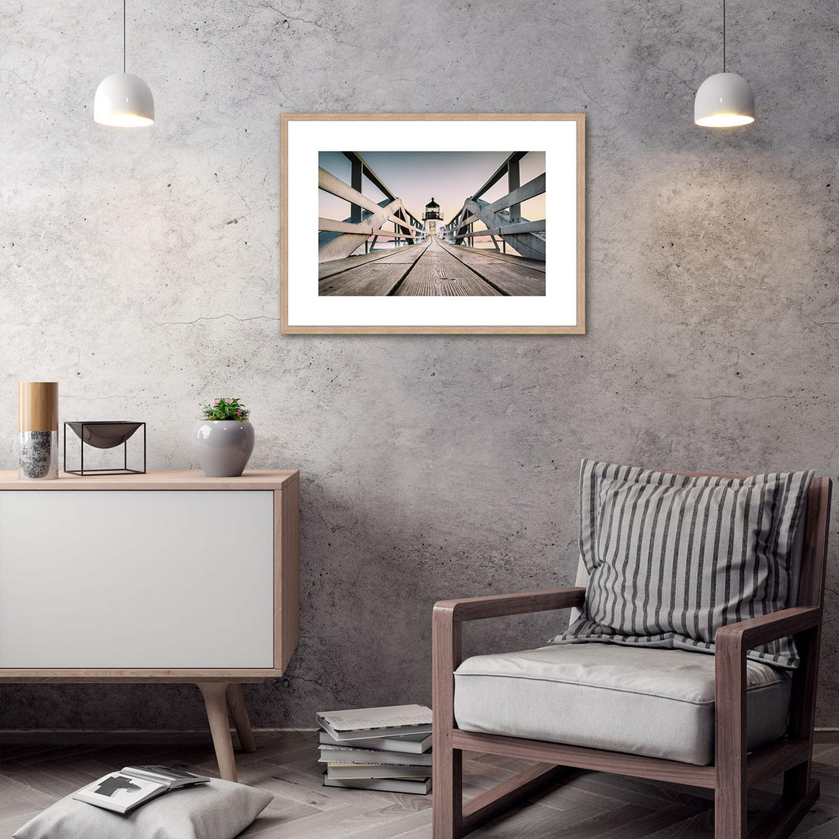 POSTER mit Rahmen 70x50 cm Leuchtturm Pastell - Beige, Holz (71/51cm) - artissimo