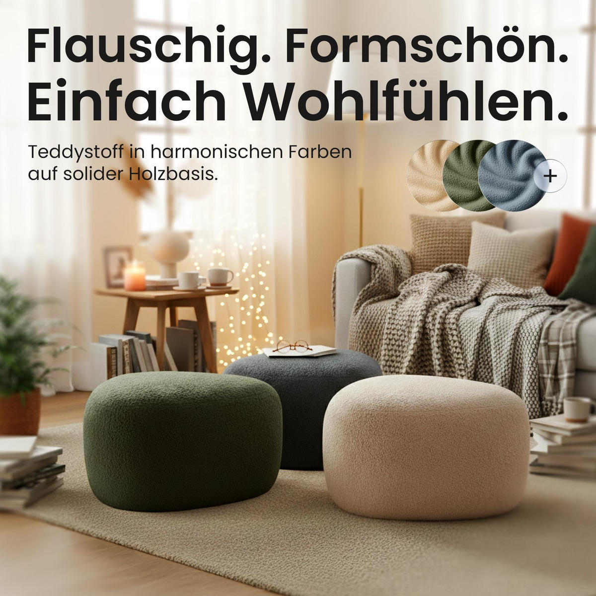 HOCKER oval 52/48/32 cm Stoff Creme - Creme, Holz/Textil (52/32/48cm) - CLP