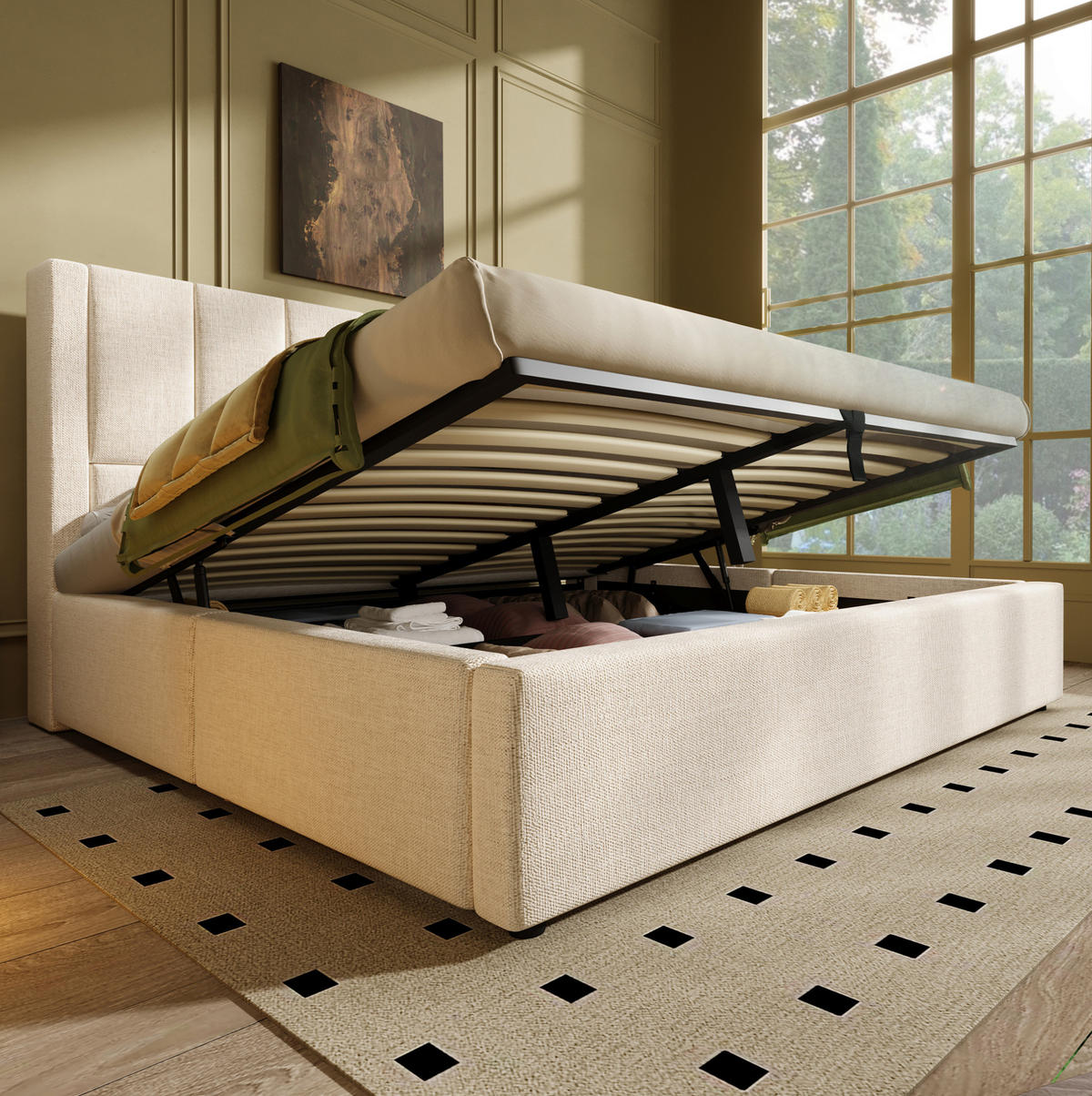 POLSTERBETT 160/200 cm Beige aus Leinen mit Bettkasten - Beige, Textil (160/200cm) - OKMYHOME