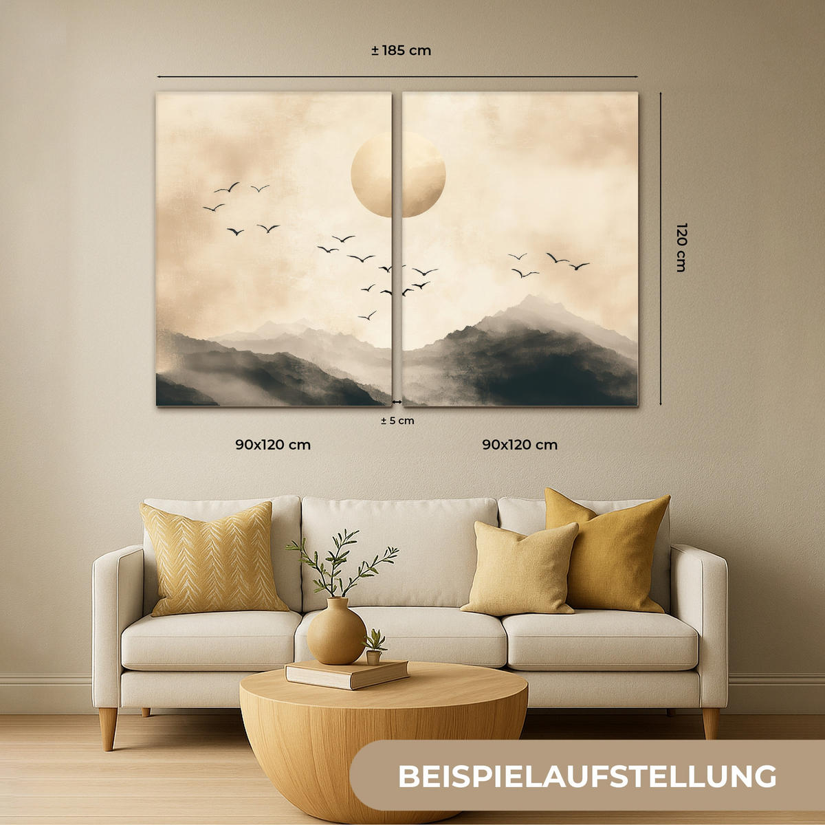 LEINWANDBILD 2er Set Landschaft - Japandi - Beige - Vögel 120x80 cm - Beige, Textil (120/80cm) - MuchoWow