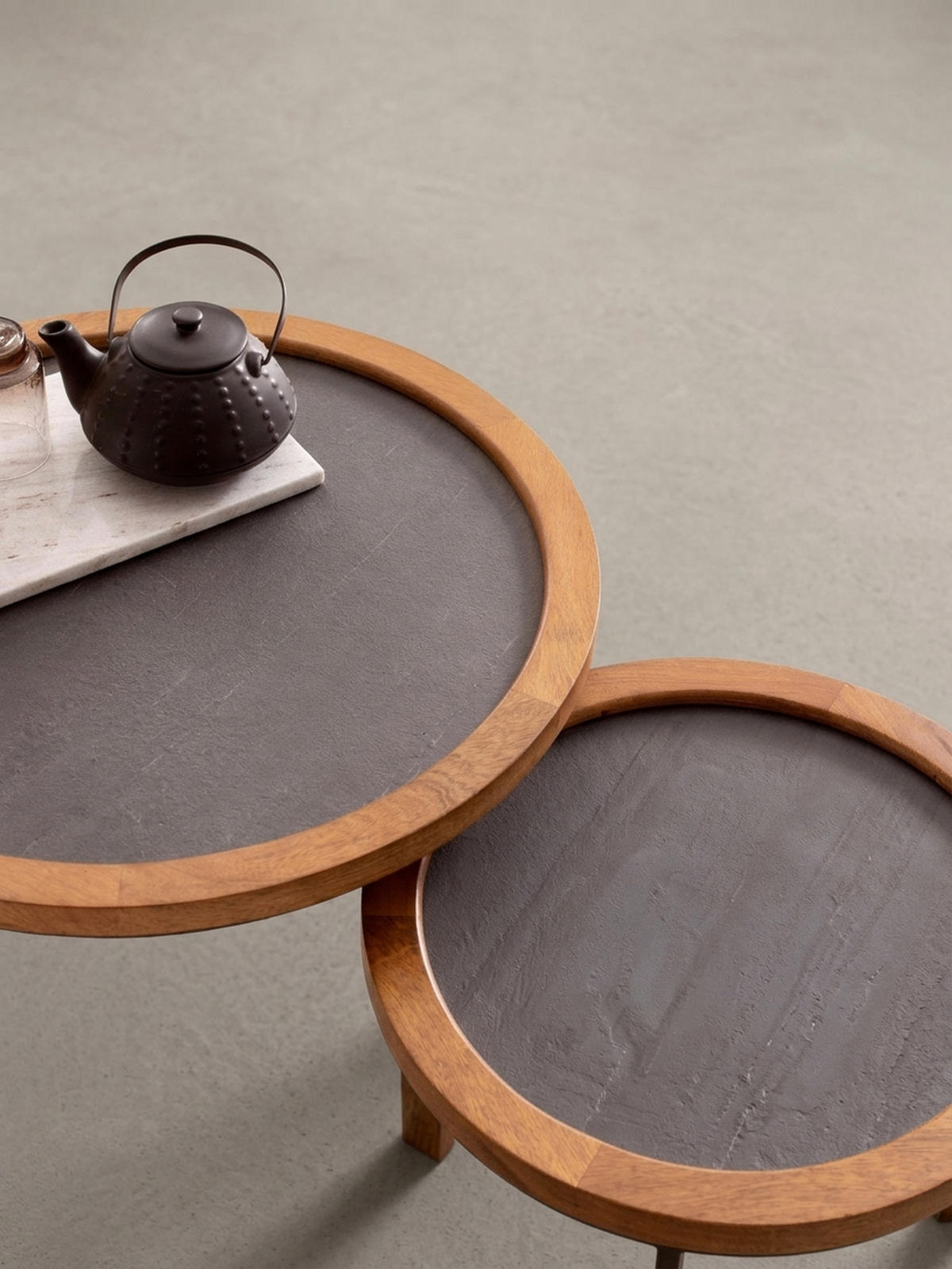 COUCHTISCH Set – 2-teilig Rund Mango Massivholz Steinoptik Metall Braun Anthrazit - Schwarz/Braun, Holz/Metall (60/60/46cm) - KADIMA DESIGN