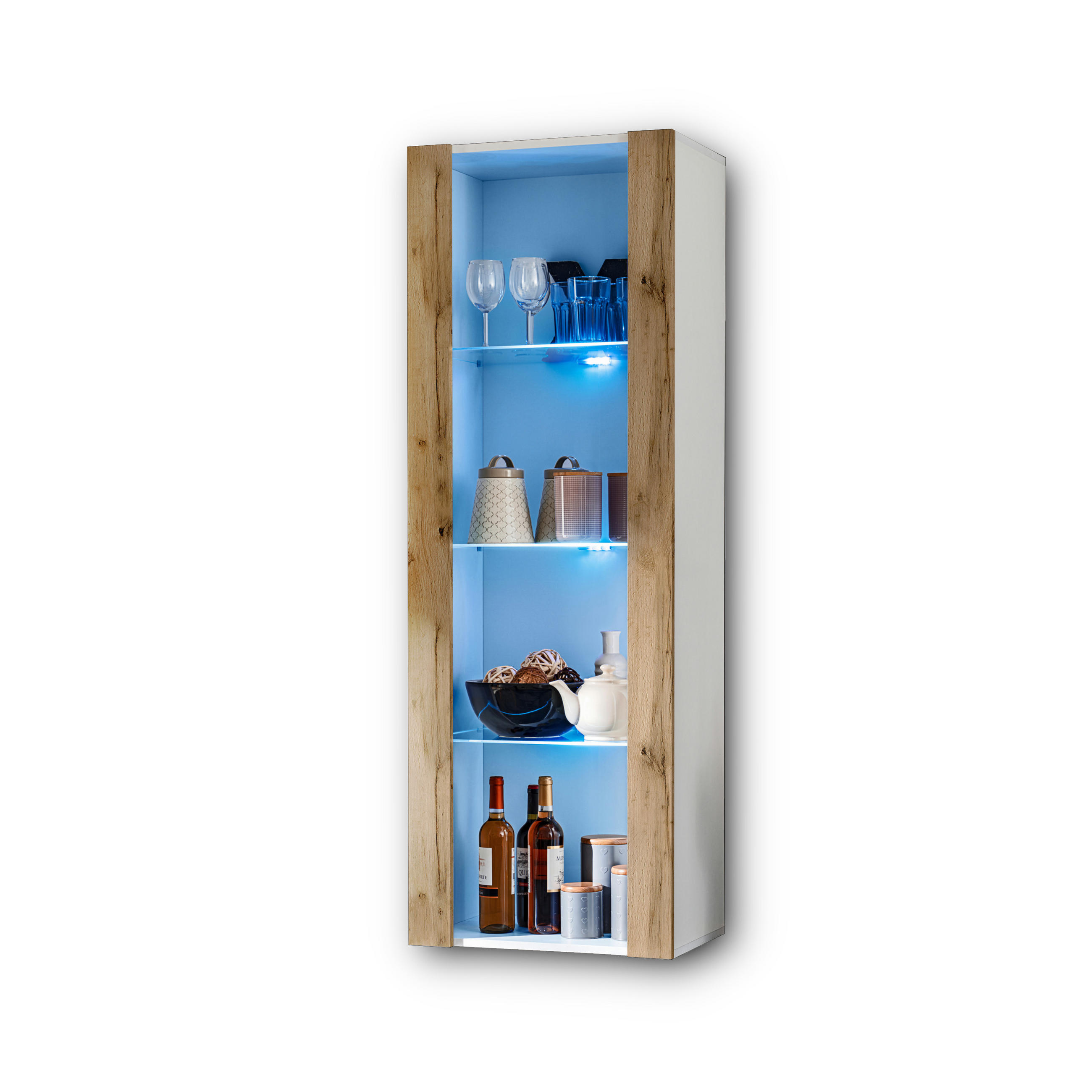 Komodee Vitrine Weiß, Eiche Wotan 55x159x35 cm