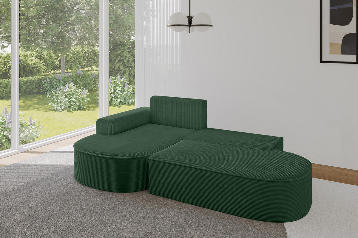 ECKSOFA mit Schlaffunktion und Bettkasten Ottomane Links MARI-L1-S - 283x167x73 cm Grün Cord - Waldgrün/Schwarz, Holzwerkstoff/Kunststoff (283/167cm) - ALTDECOR