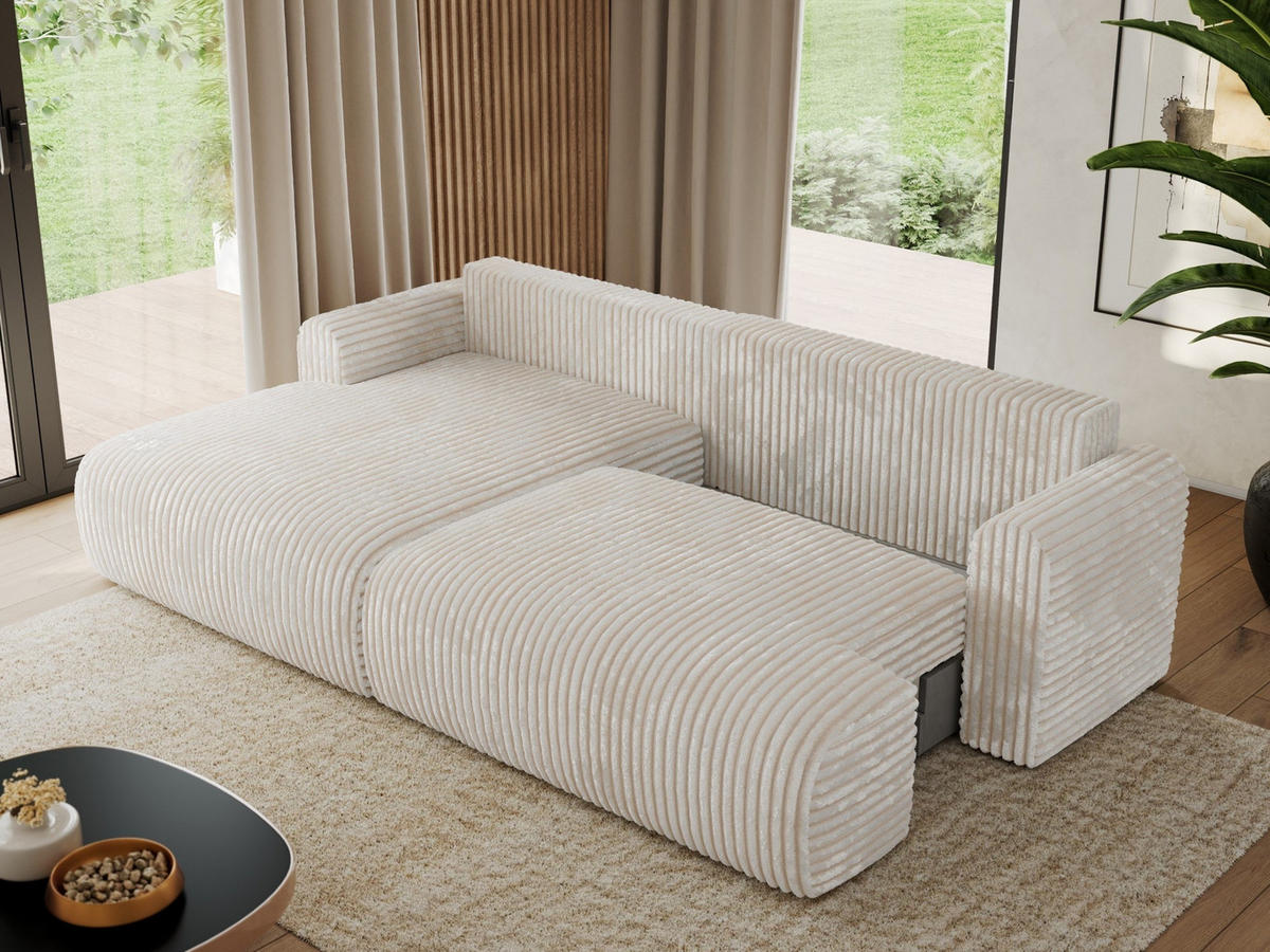 ECKSCHLAFSOFA TONO L Creme Cord - links - Creme/Schwarz, Kunststoff/Textil (260/150cm) - MKS