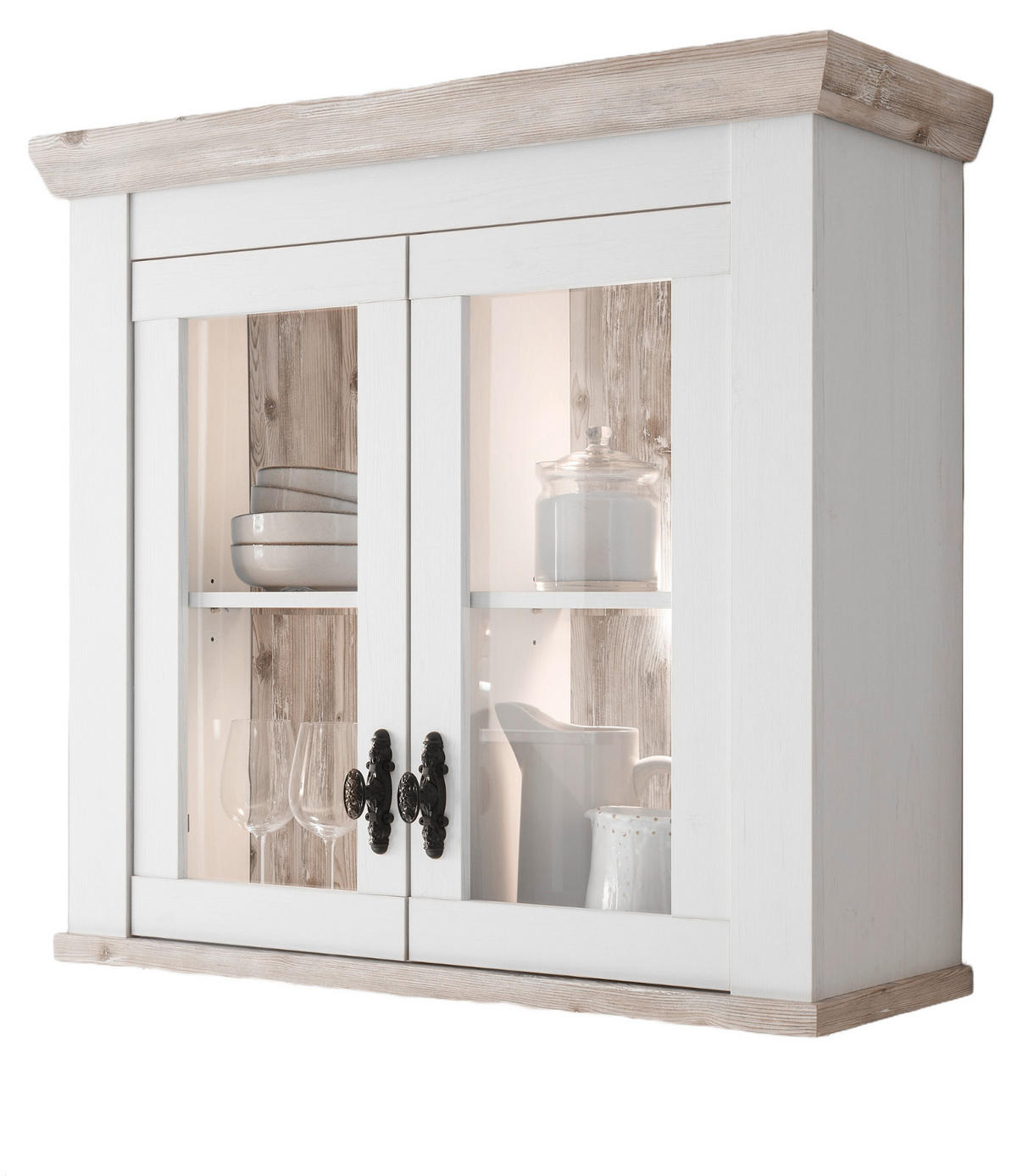 HÄNGESCHRANK weiß Pinie Landhaus, Küchenschrank hängend 92 x 85 cm, Soft-Close - Schwarz/Weiß, Glas/Holzwerkstoff (92/85/34cm) - Furn.Design