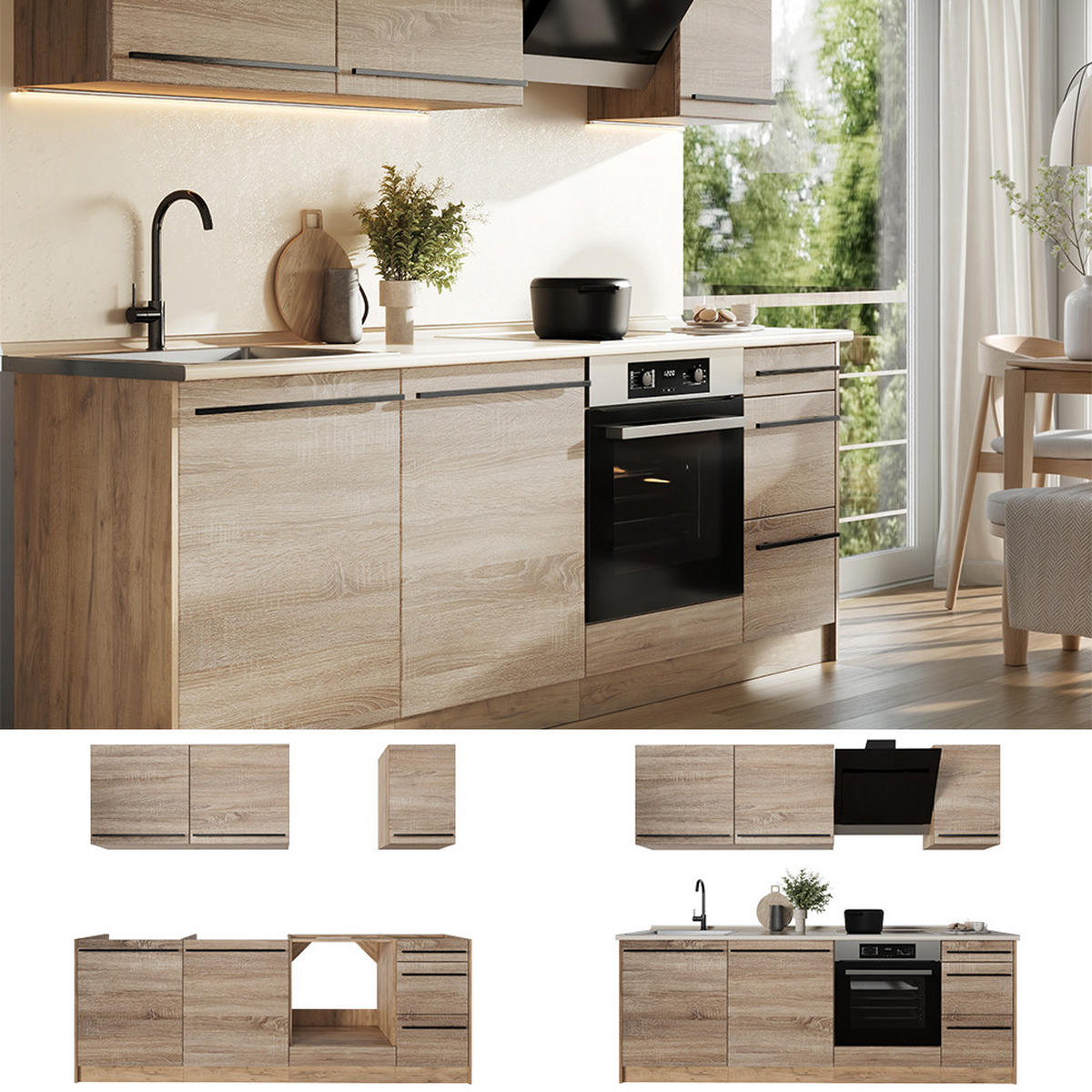 KÜCHENZEILE R-Line, Sonoma/Goldkraft Eiche, 220 cm Arbeitsplatte Marmor - Honigeiche/Sonoma Eiche, Holzwerkstoff (220/81.6/60cm) - Vicco