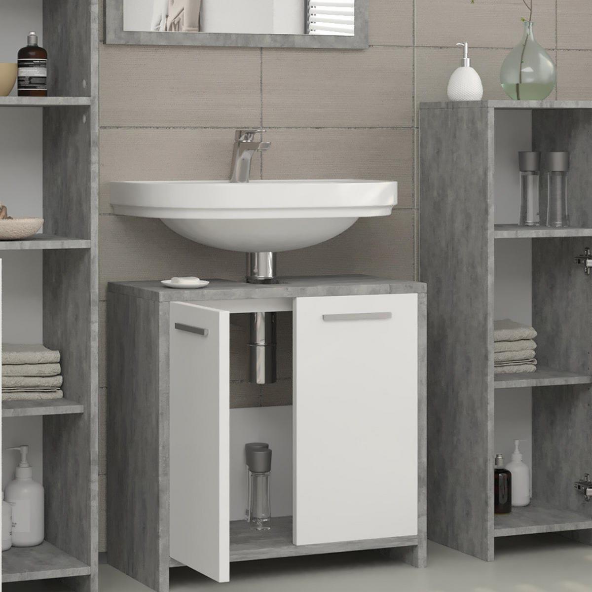 BADMÖBEL-SET Kiko Beton 2 Teile - Schieferfarben/Weiß, Holzwerkstoff (58/60/33cm) - Vicco