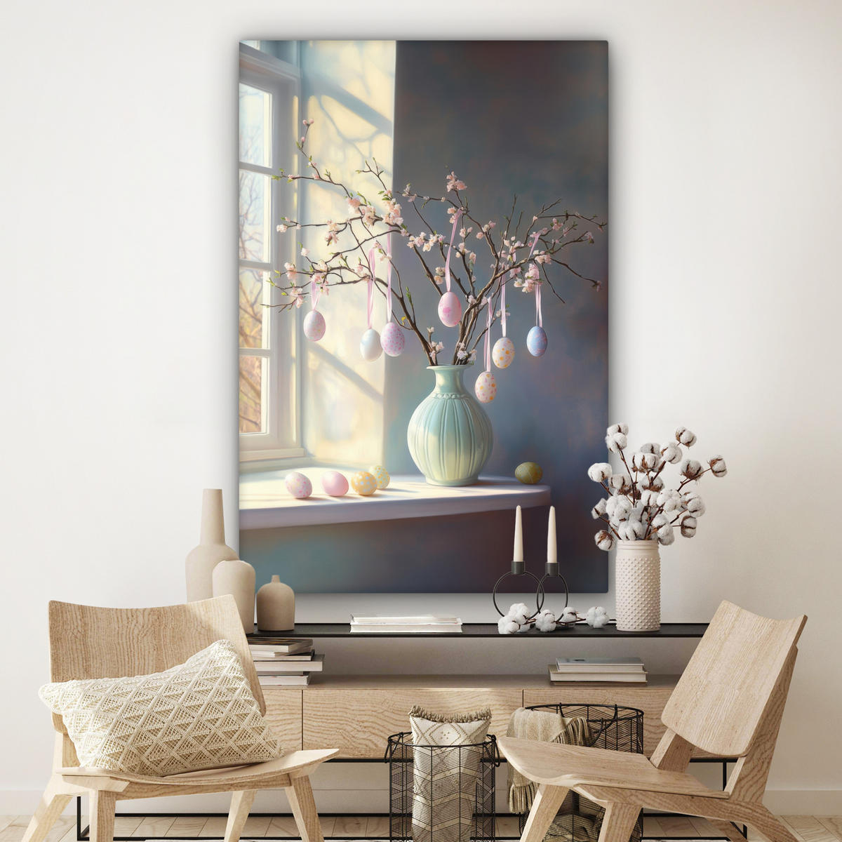 OBRAZ NA PLÁTNĚ Zátiší - Váza - Velikonoční ratolest 90x140 cm - světle modrá, textil (90/140cm) - MuchoWow