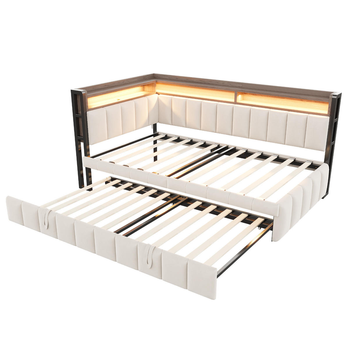BETT mit Ausziehbett 90/200cm und LED-Beleuchtung in Beige Samt - Beige, Textil (90/200cm) - OKWISH