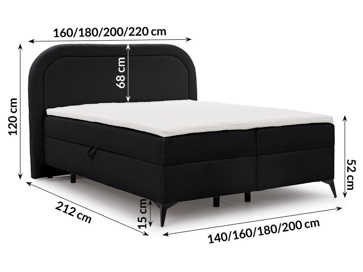 BOXBETT Sonna 160/200 cm Schwarz Bouclé-Stoff mit abgerundetem Kopfteil und mit schwarzen Metallfüße - Schwarz, Holz/Textil (160/200cm) - S-Style Möbel