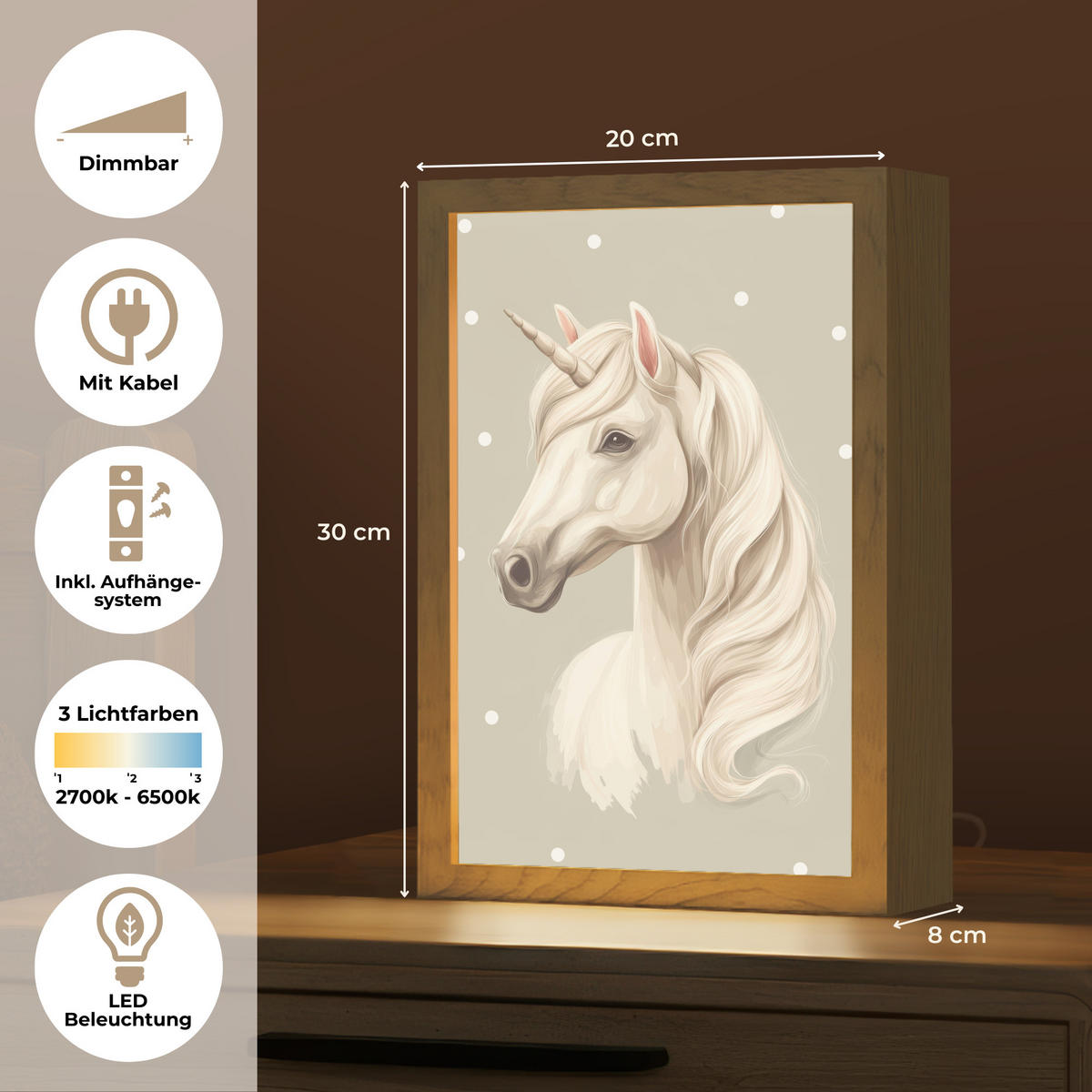 NACHTTISCHLAMPE Einhorn - Weiß - Punkte 20x30 cm - Taupe, Holzwerkstoff (8/20/30cm)