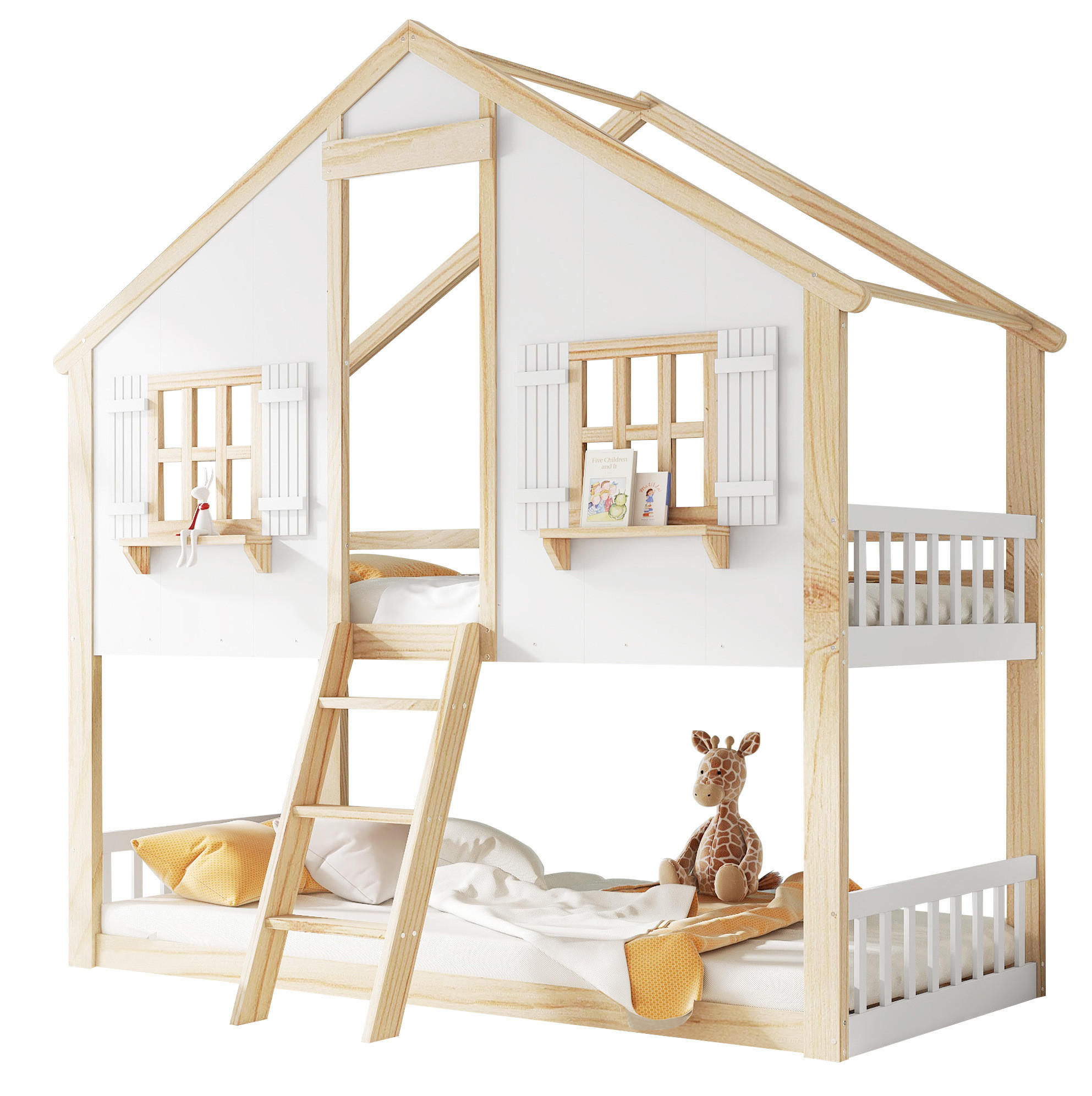 ETAGENBETT mit Fenster und Dach, Weiß/Natur, 90/200 cm, ohne Matratze - Weiß, Holz (90/200cm) - MIVRAY