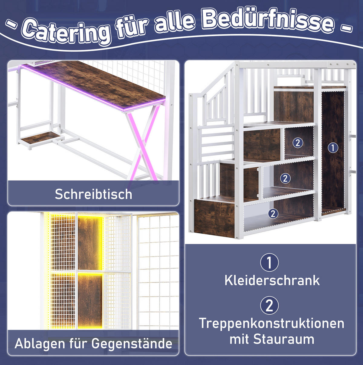 HOCHBETT 140/200 cm aus Metall und MDF mit LED-Beleuchtung, Schreibtisch und Kleiderschrank Weiß - Weiß, Metall (140/200cm) - Modenvie