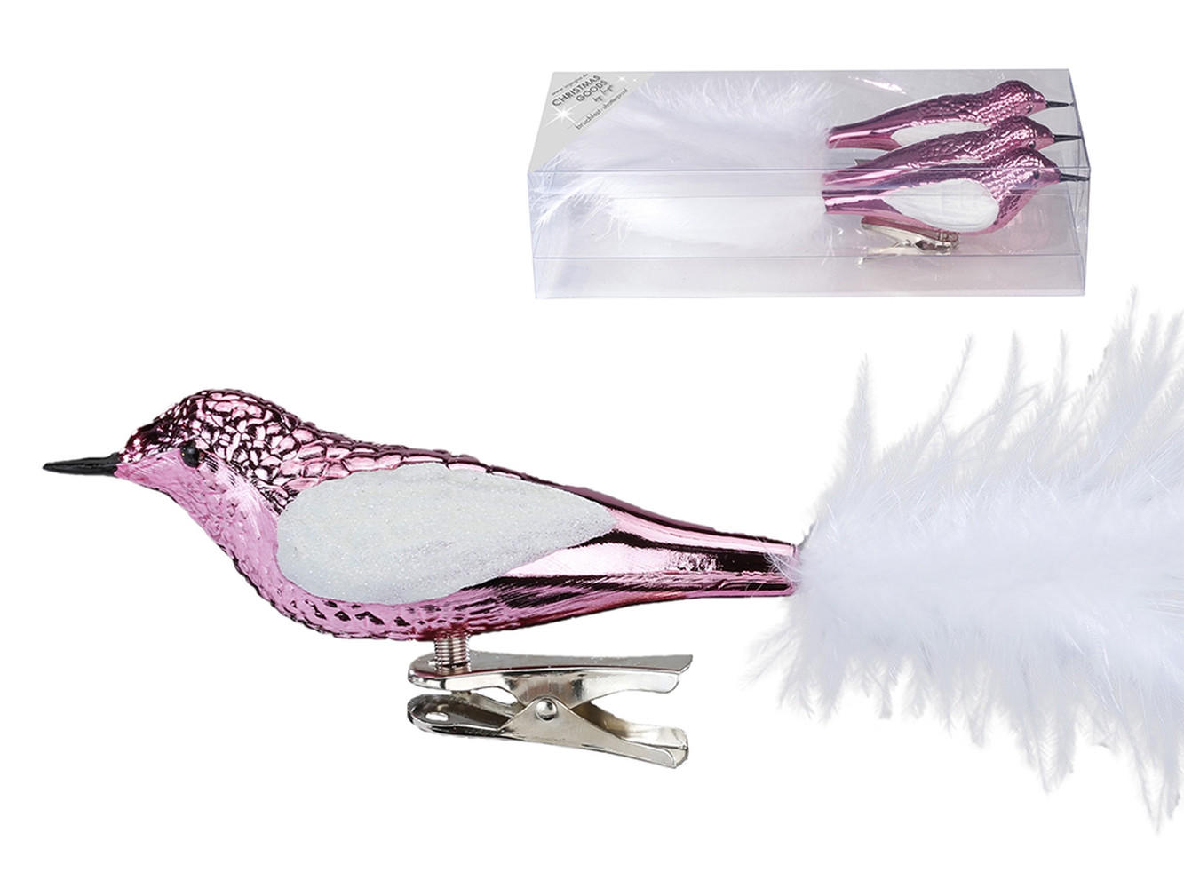 LAALU WEIHNACHTSBAUMSCHMUCK-SET 3tlg. Vogel auf Clip rosa 20 cm - Rosa, Kunststoff (0.01/1/0.01cm) - LAALU