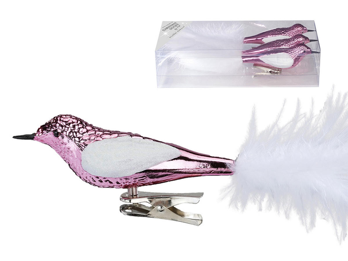 LAALU WEIHNACHTSBAUMSCHMUCK-SET 3tlg. Vogel auf Clip rosa 20 cm - Rosa, Kunststoff (0.01/1/0.01cm) - LAALU