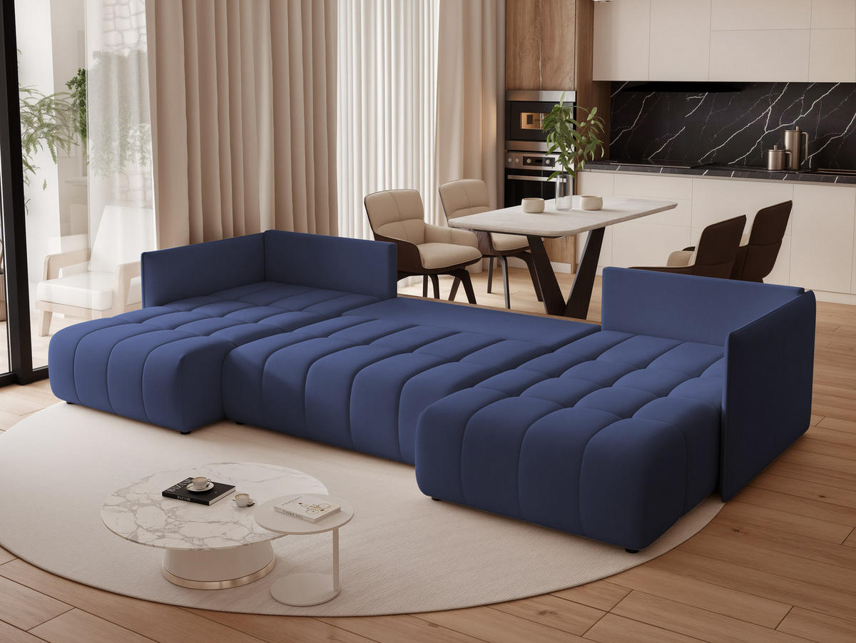 WOHNLANDSCHAFT OLIMPIA mit Schlaffunktion und Bettkasten Marineblau - Dunkelblau, Holzwerkstoff/Kunststoff (300/85/90cm) - Idohome