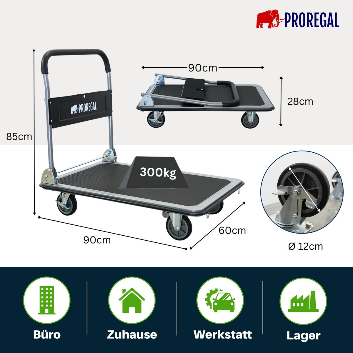 PLATTFORMWAGEN Transportwagen Rhino 300kg klappbar mit Gummiräder & Werkzeugtasche - Schwarz, Metall (90/60/85cm) - PROREGAL