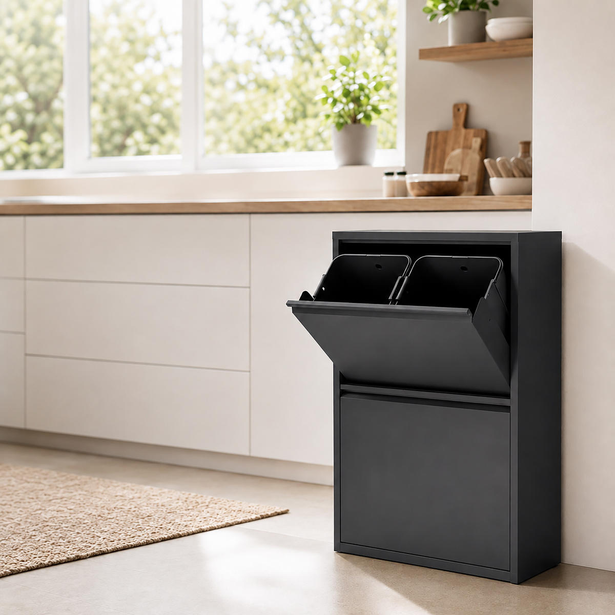 MÜLLEIMER Schwarz 4-Fächer Metall kippbar 4x18 l - Schwarz, Kunststoff/Metall (60/93/25cm) - Relaxdays