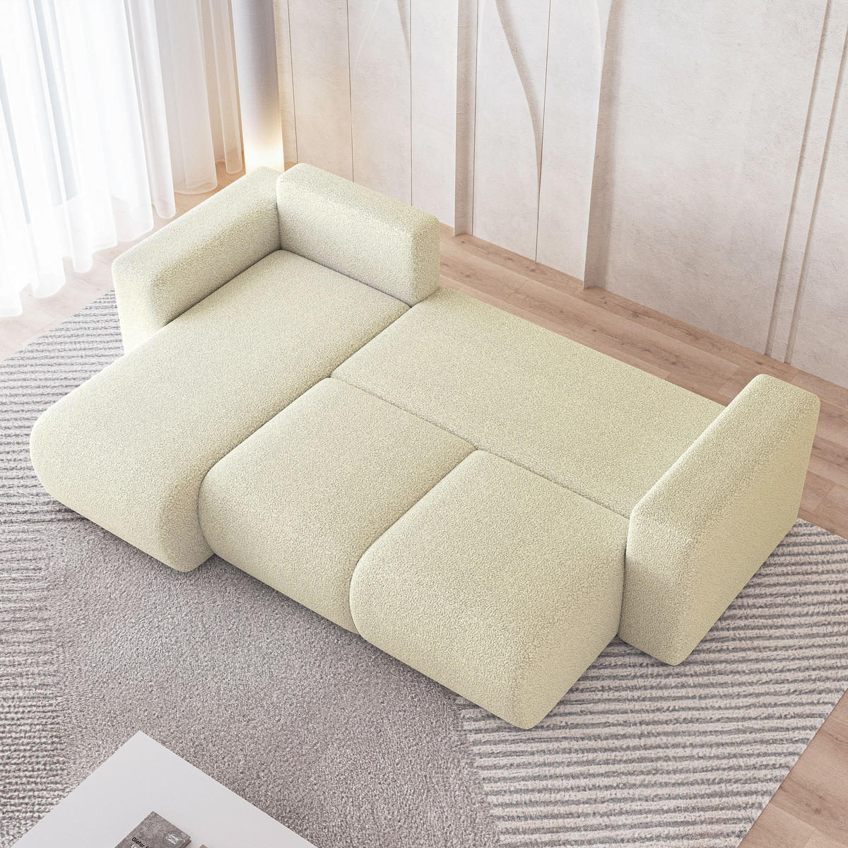 ECKSOFA RINOVA Creme Boucle-Stoff mit Schlaffunktion - Creme, Holz (250/143cm) - MASSENO