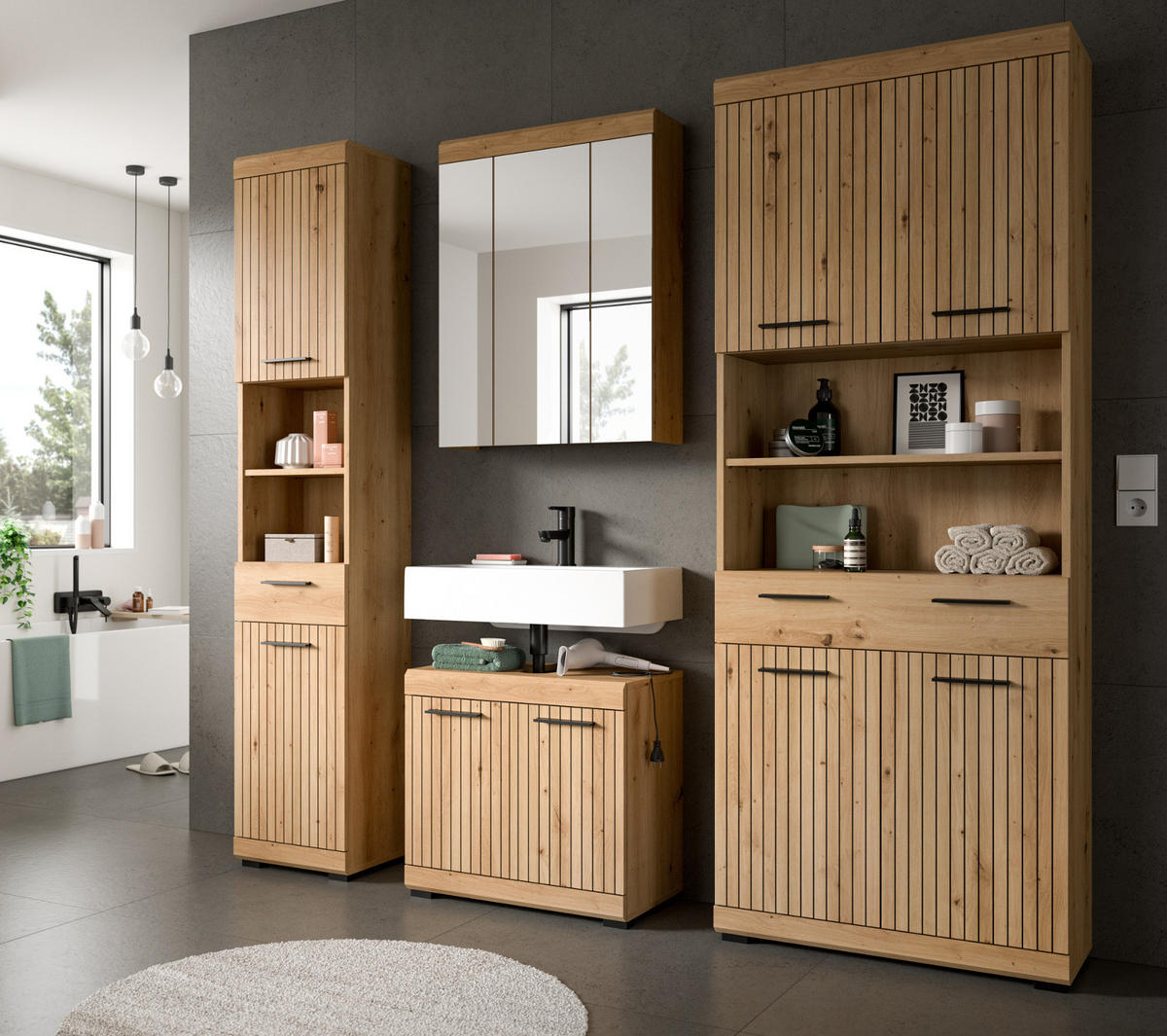 BADMÖBEL-SET Eiche Artisan 200 x 191 cm 4-teilig, Komplettset mit viel Stauraum - Schwarz/Eiche Artisan, Glas/Holzwerkstoff (201/191/34cm) - Inn.Furn