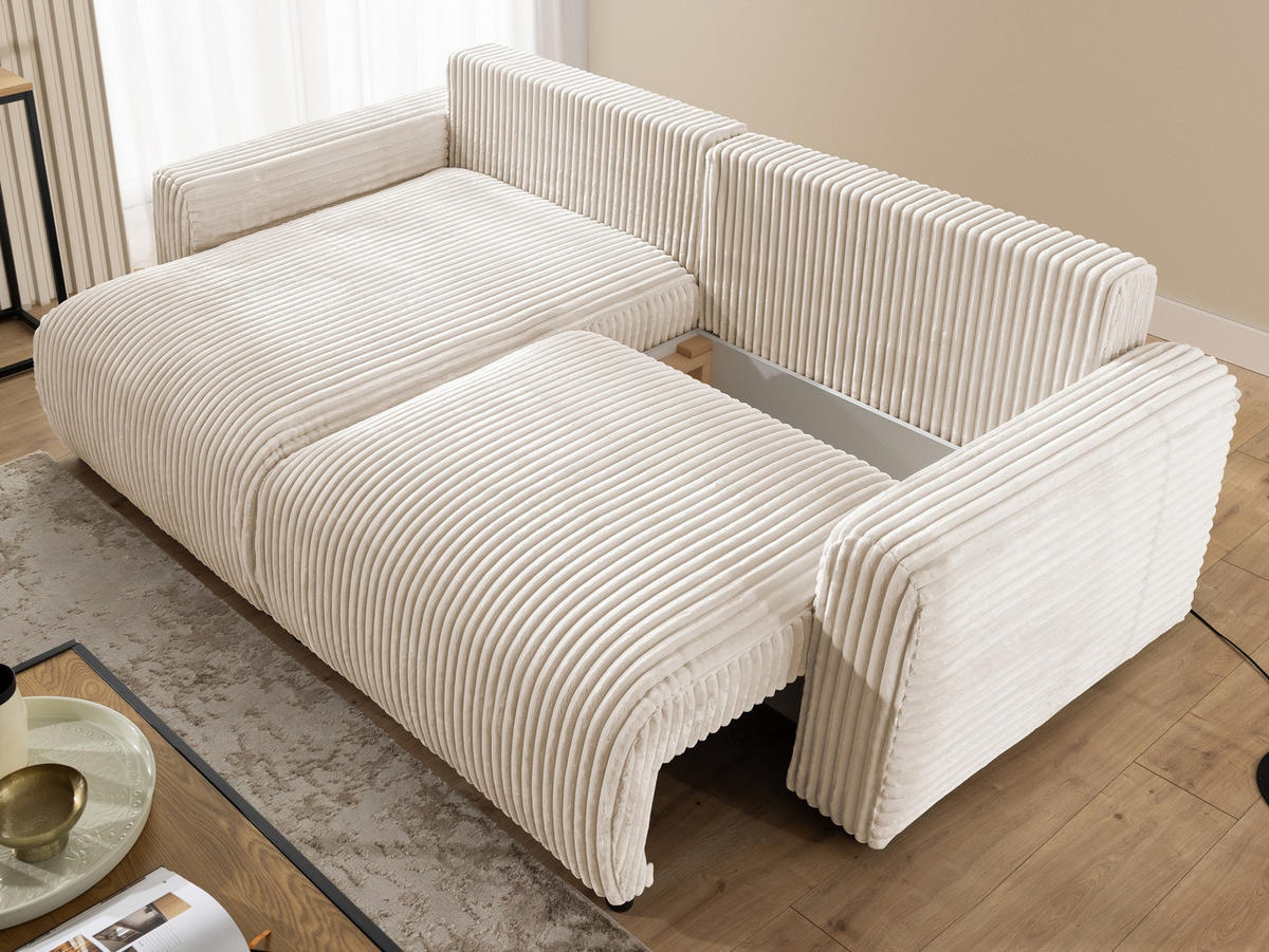ECKSOFA Calma mit Schlaffunktion und Bettkasten im Bumpy-Design aus weichem Creme Plüschcord - Ottomane links - Creme/Schwarz, Holz/Kunststoff (239/140cm) - S-Style